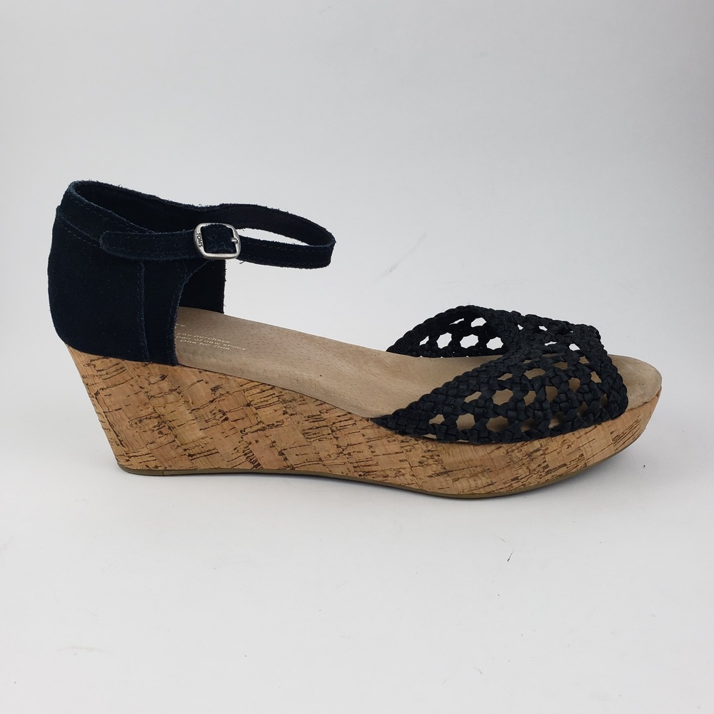 TOMS Black Stucco Woven Ankle Strap Cork Platform Wedge Suede Sandal Sz 9.5